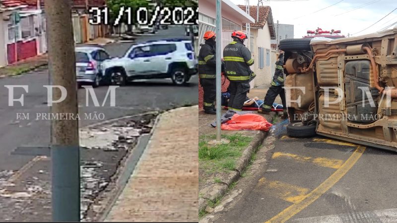 Veículo tomba após colisão em cruzamento de Franca; uma mulher foi socorrida
