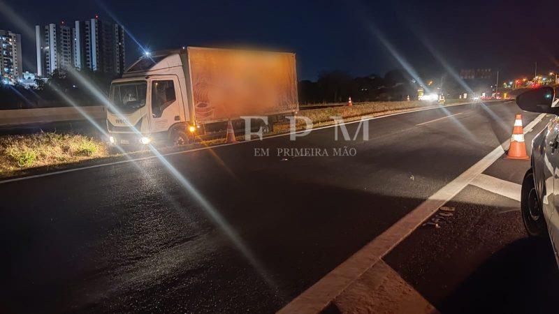 Caminhoneiro evita colisão com carro e vai parar no canteiro central de rodovia