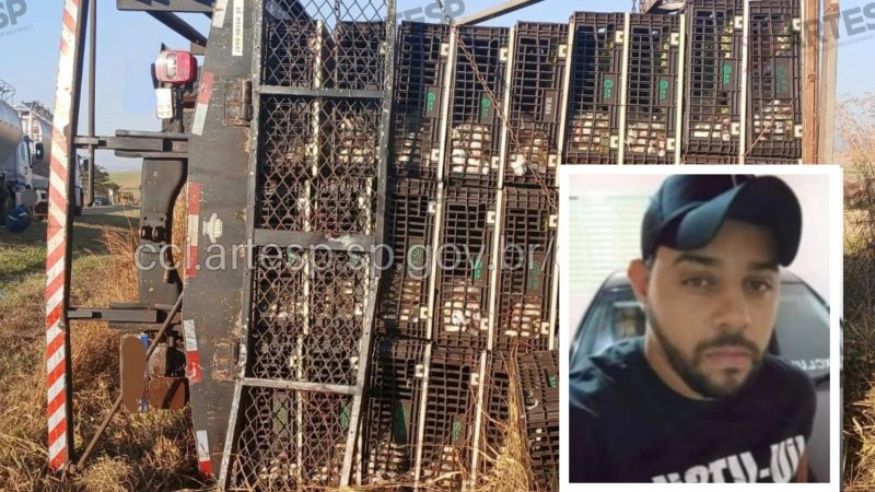 Motorista morre após caminhão carregado com aves tombar na Rodovia Anhanguera