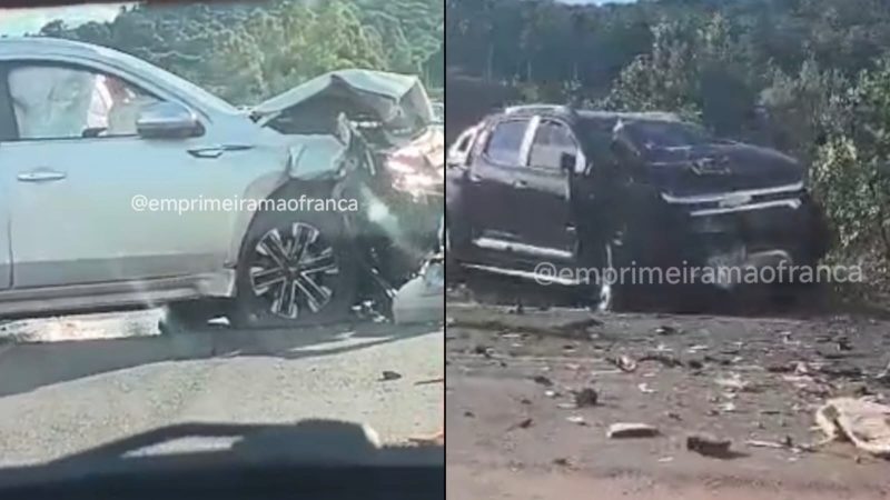 Colisão frontal entre caminhonetes deixa feridos na rodovia João Traficante