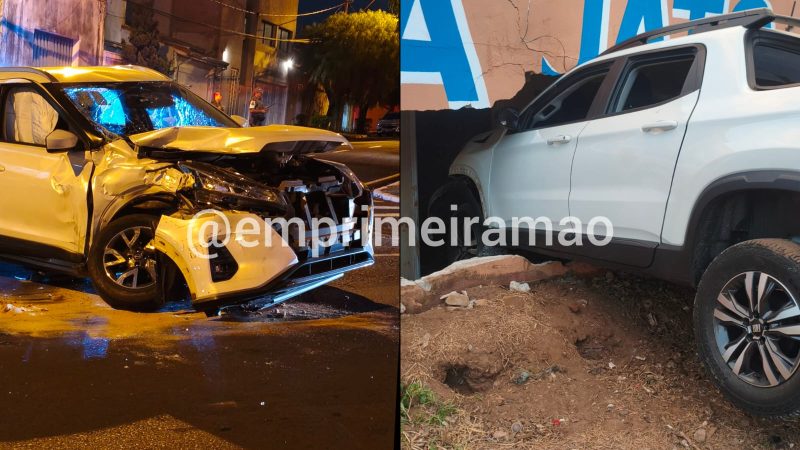 Carro invade lava-jato e atinge muro após colisão em cruzamento de Franca