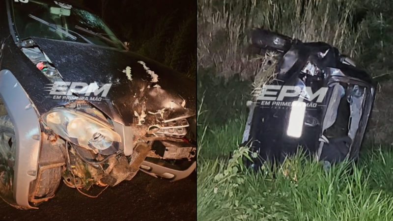 Carro é arremessado para área de mata e capota após batida na Rodovia Ronan Rocha